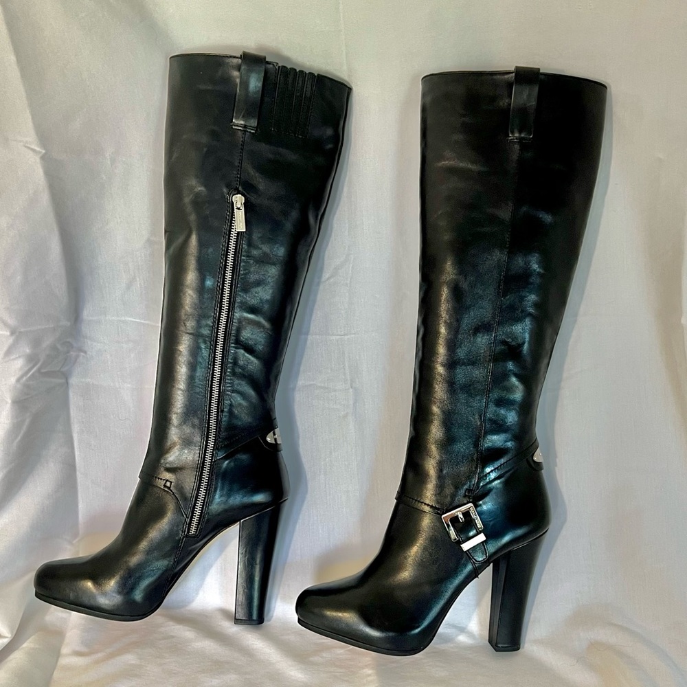 MICHAEL Michael Kors Tamara Black Leather Knee-High Heeled Boots 10 - Picture 3 of 11